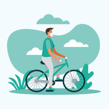 Motosiklet vektör tasarımında tıbbi maskeli adam