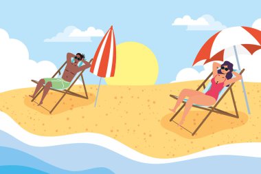 Sahildeki ırklar arası çiftler sosyal uzaklık sahnesi, yaz tatili.