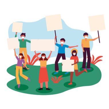 Tıbbi maskeli ve pankartlı insanlar vektör tasarımı