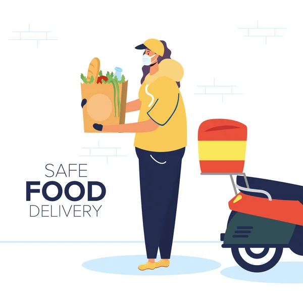Trabalhador feminino entrega segura de alimentos com bolsa de mantimentos em moto — Vetor de Stock