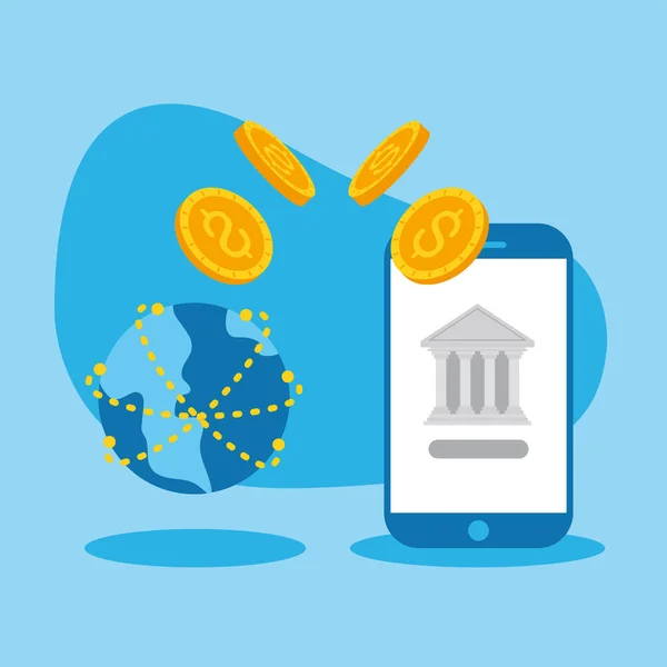 Smartphone con monete bancarie e design vettoriale mondiale — Vettoriale Stock