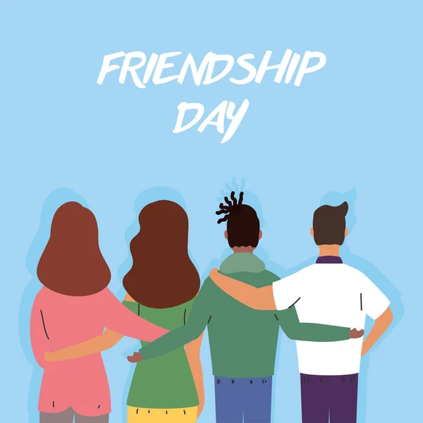 Jovens pessoas inter-raciais personagens na celebração do dia da amizade —  Vetores de Stock