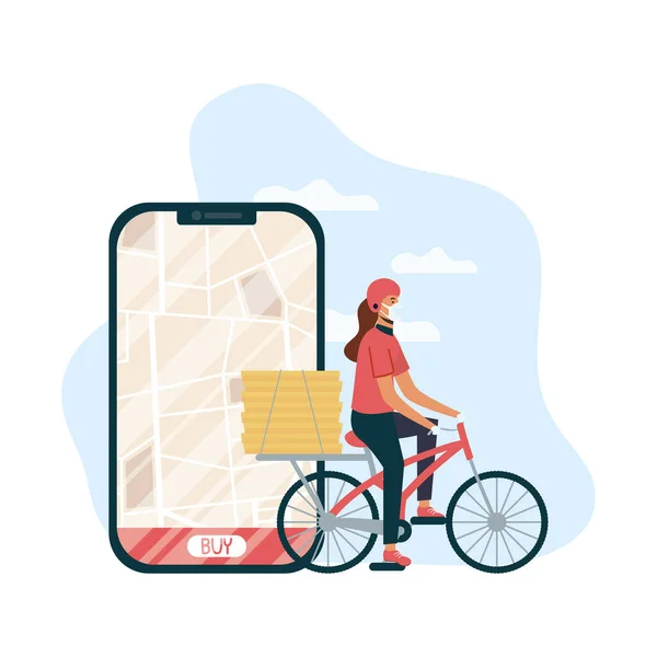 Entrega segura de alimentos trabalhador feminino em bicicleta e smartphone —  Vetores de Stock