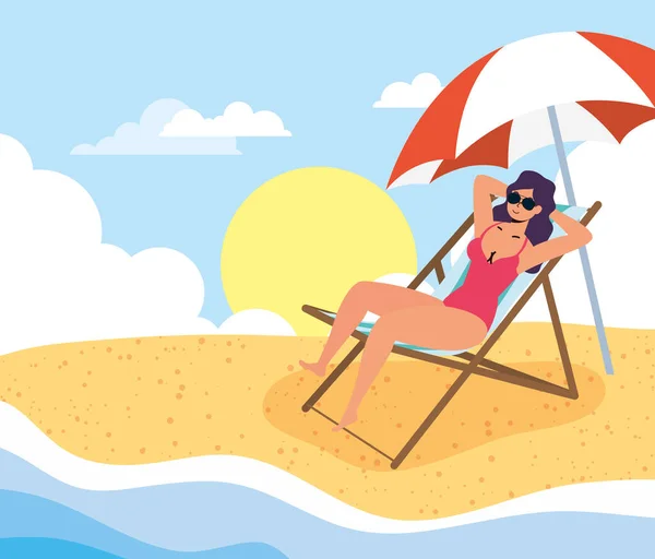 Žena na pláži letní prázdniny scéna — Stockový vektor