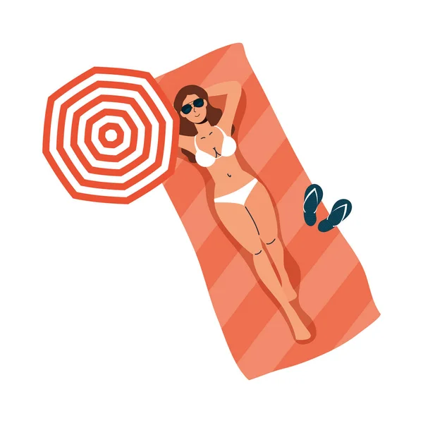 Chica de dibujos animados con bikini y gafas en el diseño de vectores de toallas — Vector de stock