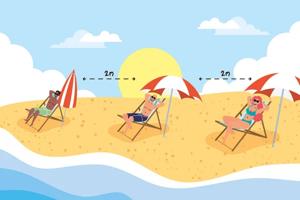 Emberek a strandon gyakorló társadalmi távolság jelenet, nyári vakáció — Stock Vector