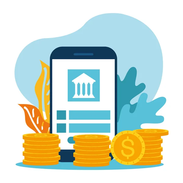 Smartphone con disegno vettoriale di banche e monete — Vettoriale Stock