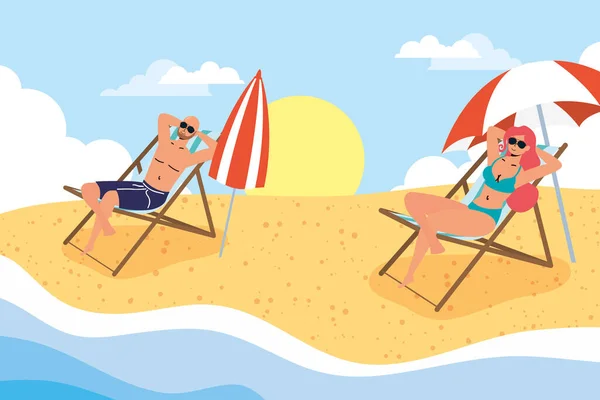 Couple on the beach practicing social distancing scene ,summer time vacations — Stock Vector