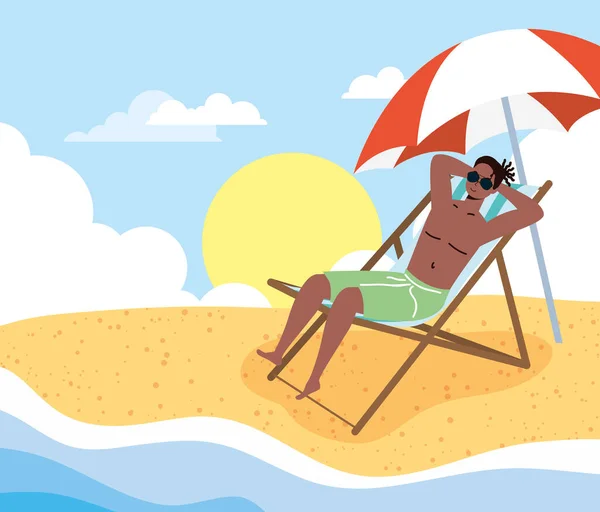 Afro hombre en la playa vacaciones de verano escena — Vector de stock