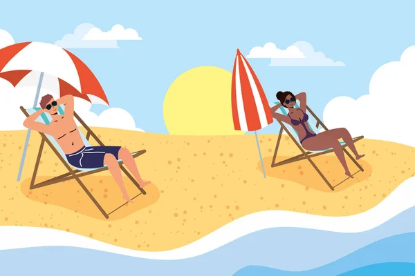 Couple interracial sur la plage pratiquant la distance sociale scène, vacances d'été — Image vectorielle