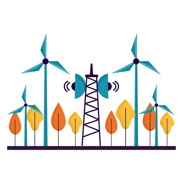 Eco windmolens antenne en bomen vector ontwerp — Stockvector