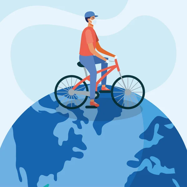 Man with medical mask and bike on world vector design — Stock Vector