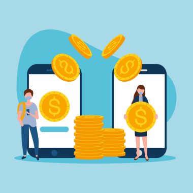 Maskeli adam ve kadın akıllı telefonlar ve bozuk paralar vektör tasarımı