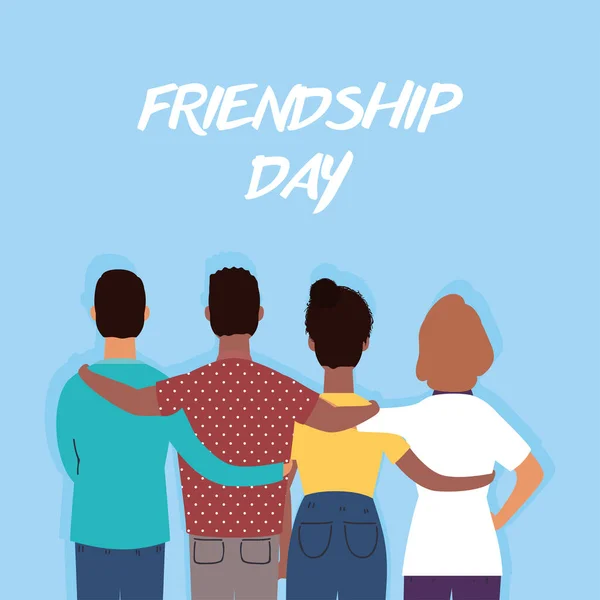 Jovens pessoas inter-raciais personagens na celebração do dia da amizade —  Vetores de Stock