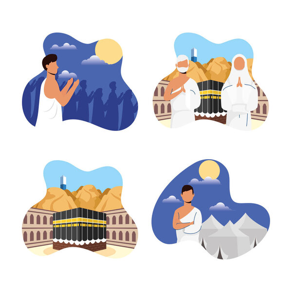 Hajj pilgrimage with people and icons scenes
