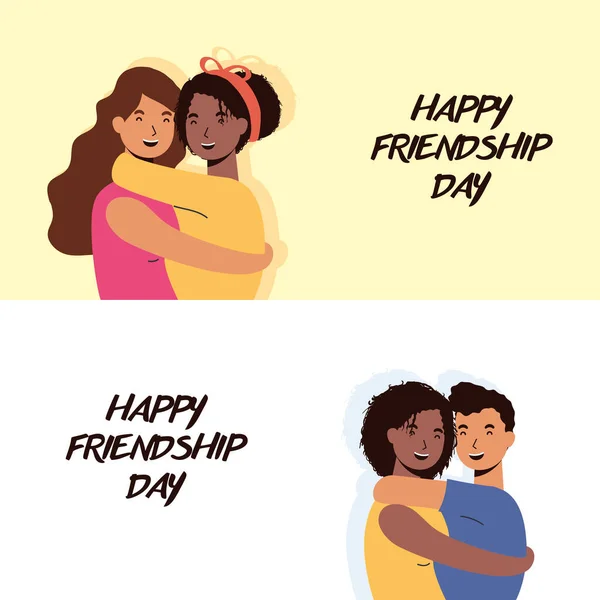 Jeunes personnages interracial dans la célébration de la journée de l'amitié — Image vectorielle