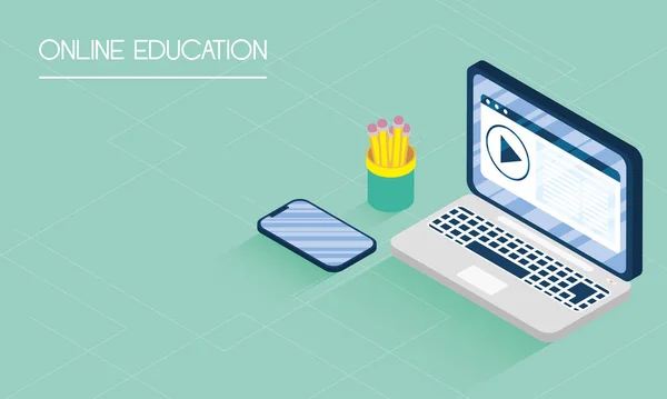 Educación tecnología en línea con el ordenador portátil — Vector de stock