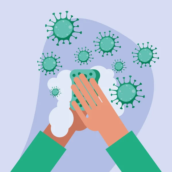 Lavado de manos con jabón y diseño de vectores de virus covid 19 — Archivo Imágenes Vectoriales