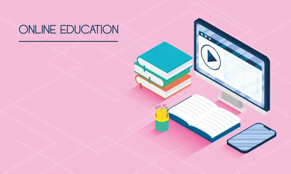 Educación tecnología en línea con escritorio — Vector de stock
