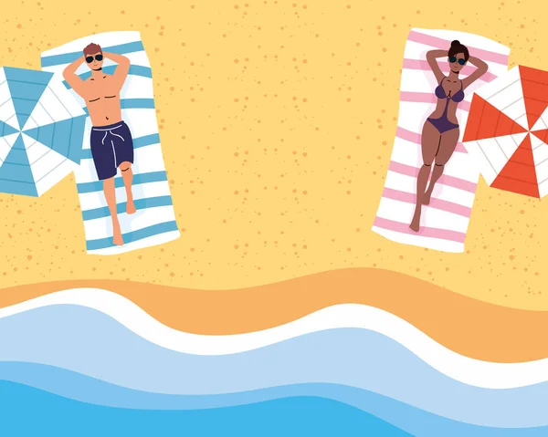 不同种族间的夫妇在海滩上练习社交场合，放暑假 — 图库矢量图片