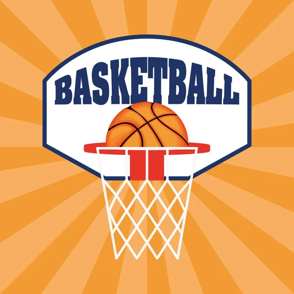 Esporte de jogo de basquete com balão em emblema líquido — Vetor de Stock