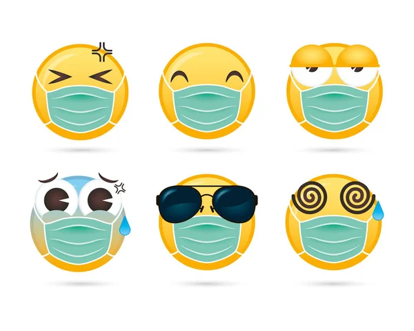 Gruppo di emoji volti utilizzando maschere mediche personaggi divertenti — Vettoriale Stock