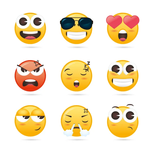 Grupp av emojis ansikten roliga tecken — Stock vektor