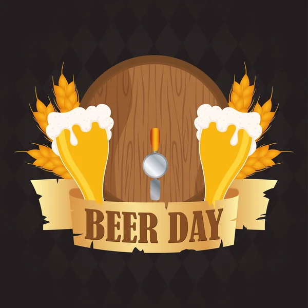 Evento de celebración del día de la cerveza con frascos y barril — Vector de stock