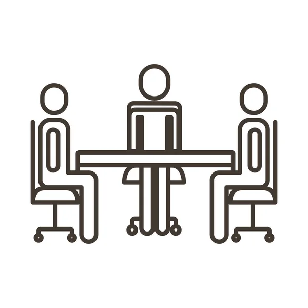 Hommes d'affaires figures de travail d'équipe dans l'icône de style de ligne de table — Image vectorielle