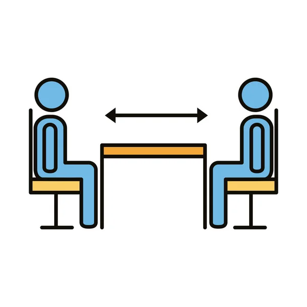 Menschen distanzieren sich sozial in Tischreihe und füllen Stilikone — Stockvektor