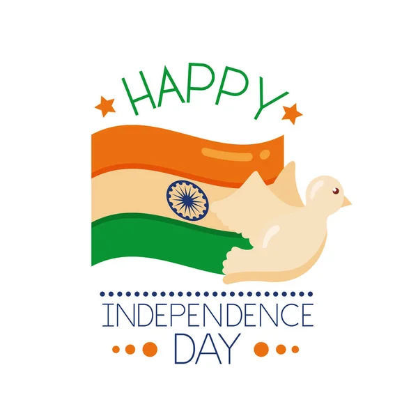 Independece dia india celebração com bandeira e pomba voando estilo plano — Vetor de Stock