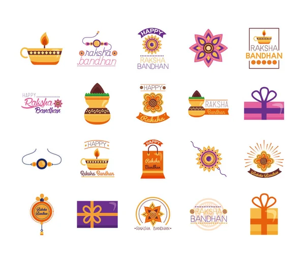 Bundle of happy raksha bandhan celebration set icons — Stock Vector