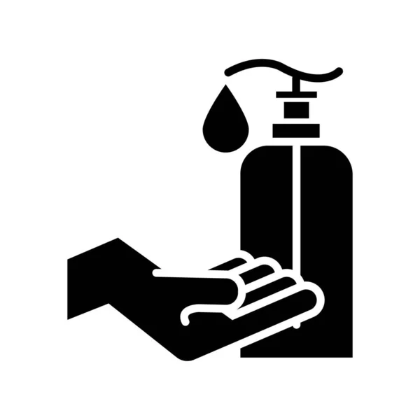 Main avec icône de silhouette de bouteille de savon antibactérien — Image vectorielle