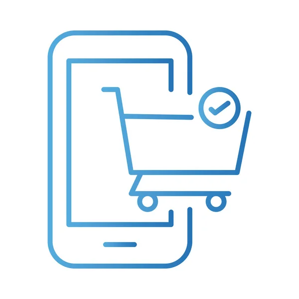 Smartphone con carrito de compras pagos estilo gradiente en línea — Vector de stock