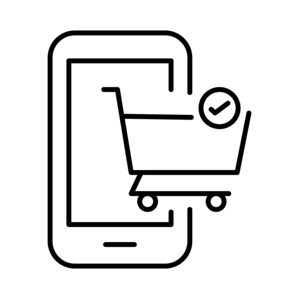 Smartphone s nákupním košíku platby on-line styl linky — Stockový vektor