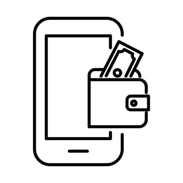 Smartphone met rekeningen geld dollars in portemonnee lijn stijl — Stockvector
