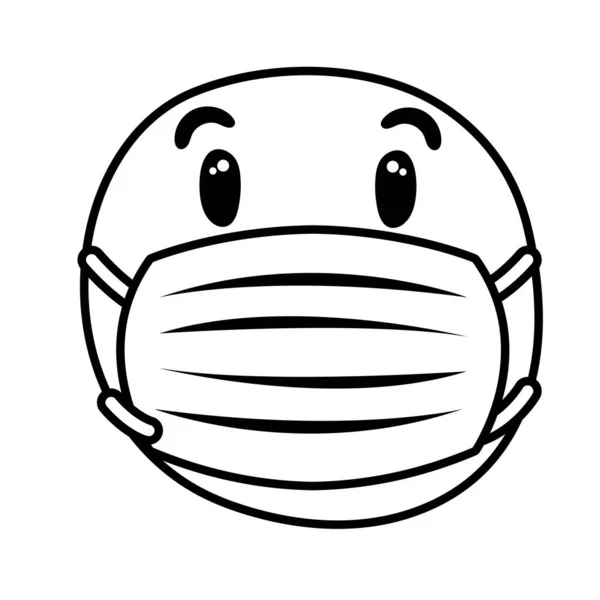 Emoji preocupado vistiendo máscara médica estilo de línea — Vector de stock