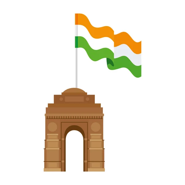 India poort, beroemd monument met vlag van India — Stockvector