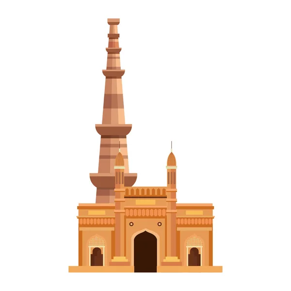 Tor mit qutub minar, berühmte Denkmäler Indiens auf weißem Hintergrund — Stockvektor