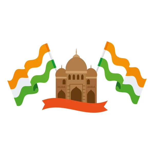 印度清真寺，著名的印度纪念碑，有印度国旗和彩带 — 图库矢量图片