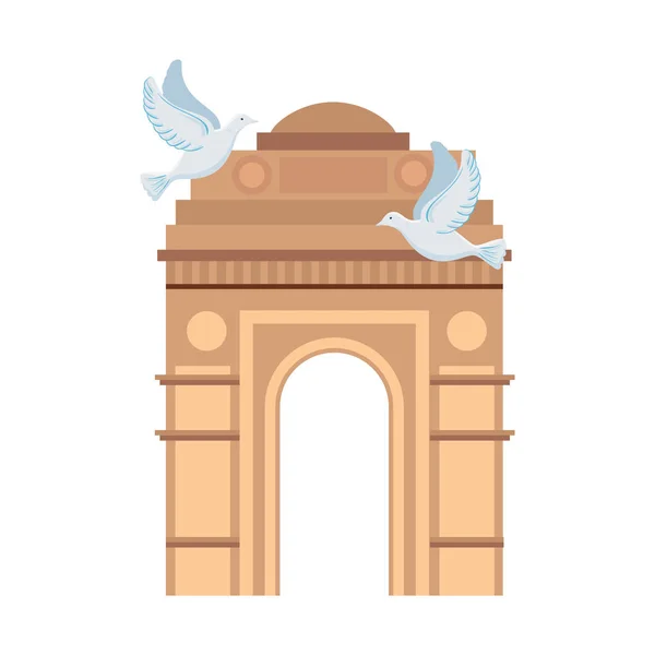 India kapu, híres emlékmű India fehér galambok repülő — Stock Vector
