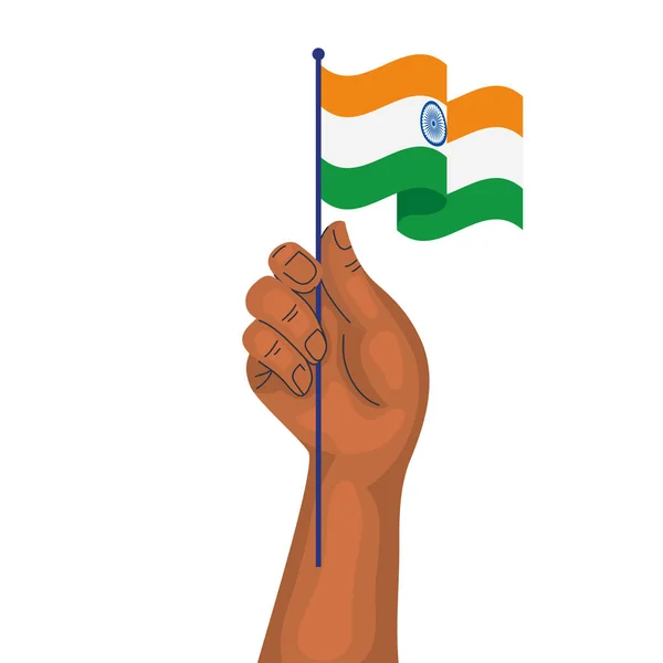 Mano con la bandera de la India, la bandera nacional de la India sobre fondo blanco — Vector de stock