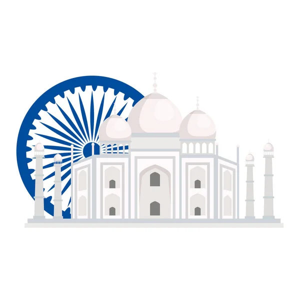 Taj mahal, monument célèbre avec roue ashoka bleue symbole indien — Image vectorielle