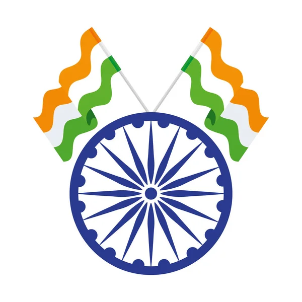 Blå ashoka hjul indian symbol, ashoka chakra med flaggor india — Stock vektor