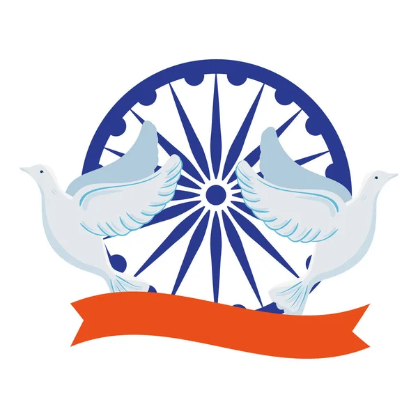 Blue ashoka wheel indian symbol, ashoka chakra with doves flying and ribbon — Stock Vector
