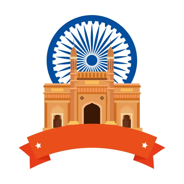 Gateway, famous monument with blue ashoka wheel indian symbol and ribbon — Stock Vector