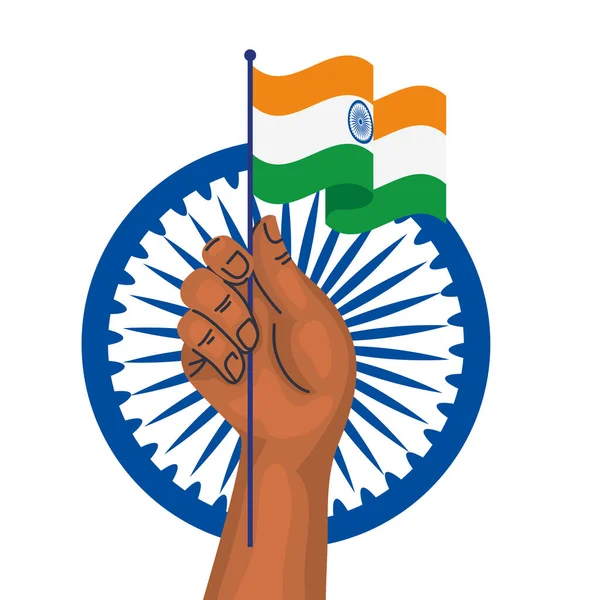 Mano con bandera india y símbolo indio de ashoka azul sobre fondo blanco — Vector de stock