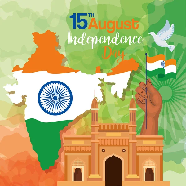 Indický šťastný den nezávislosti, oslava 15. srpna, s bránou a mapou Indie — Stockový vektor