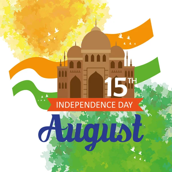 Indian ευτυχισμένη ημέρα ανεξαρτησίας, γιορτή 15 Αύγουστος, με το μνημείο παραδοσιακό και σημαία — Διανυσματικό Αρχείο