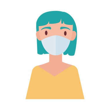 Mavi saçlı, tıbbi maske takan bir kadın.